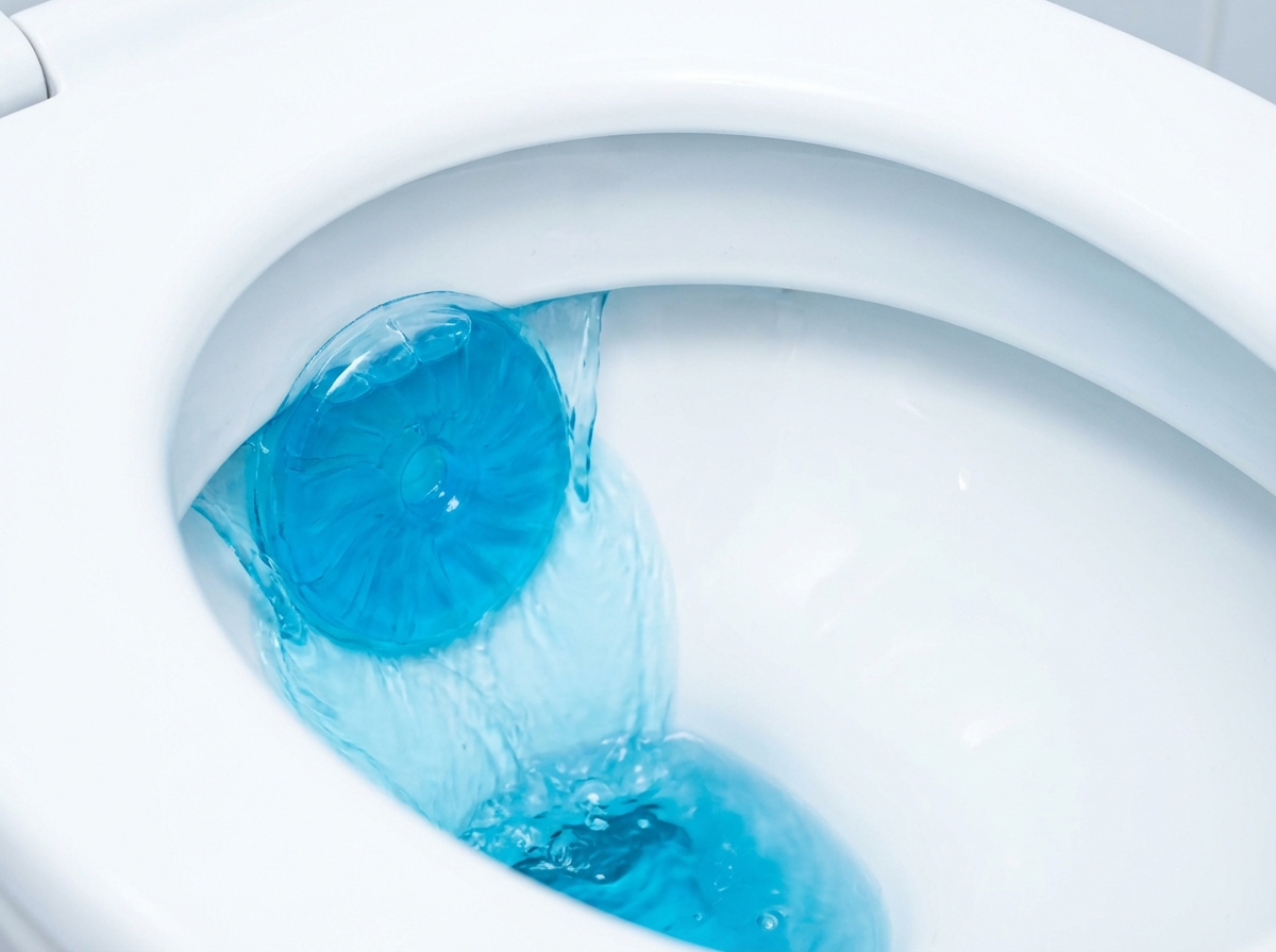 Cận cảnh gel dán trong bồn cầu, nước xả chảy qua gel tạo bọt xanh