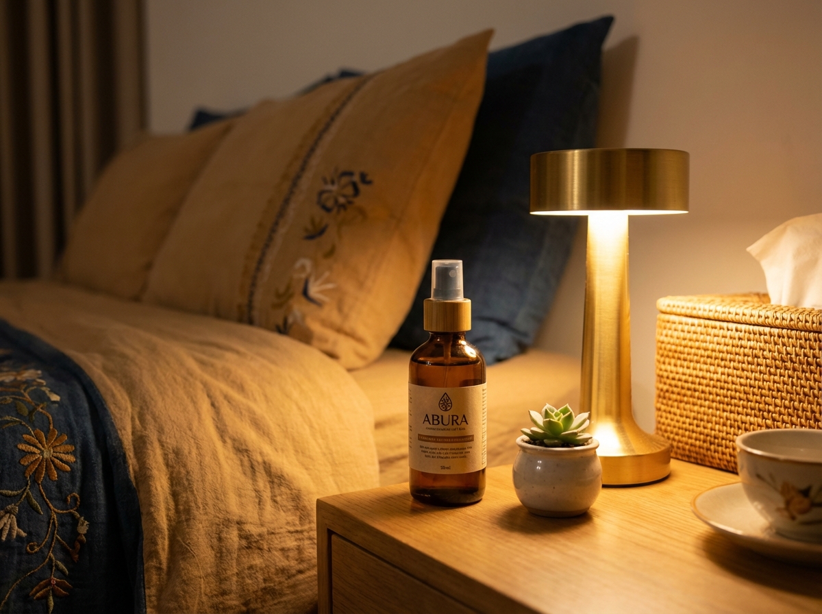 Chai xịt Abura đặt cạnh đèn đọc sách trong phòng ngủ ấm cúng