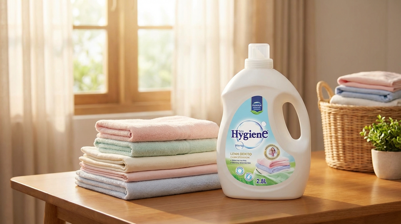 Chai nước giặt Hygiene 2.8L bên cạnh quần áo sạch xếp gọn trên bàn sáng