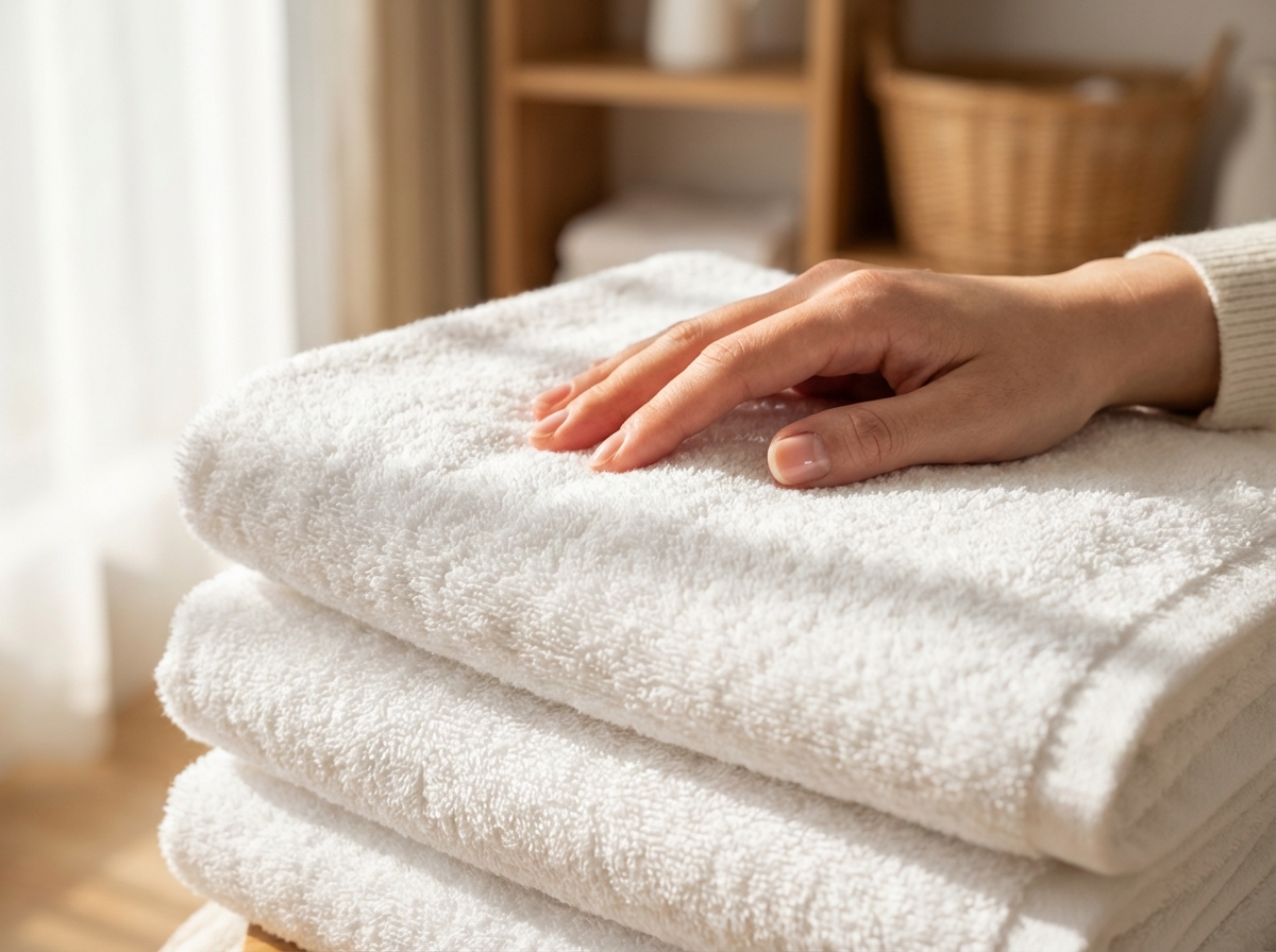 Cận cảnh tay sờ vải khăn bông mềm mượt sau khi giặt với nước xả chất lượng