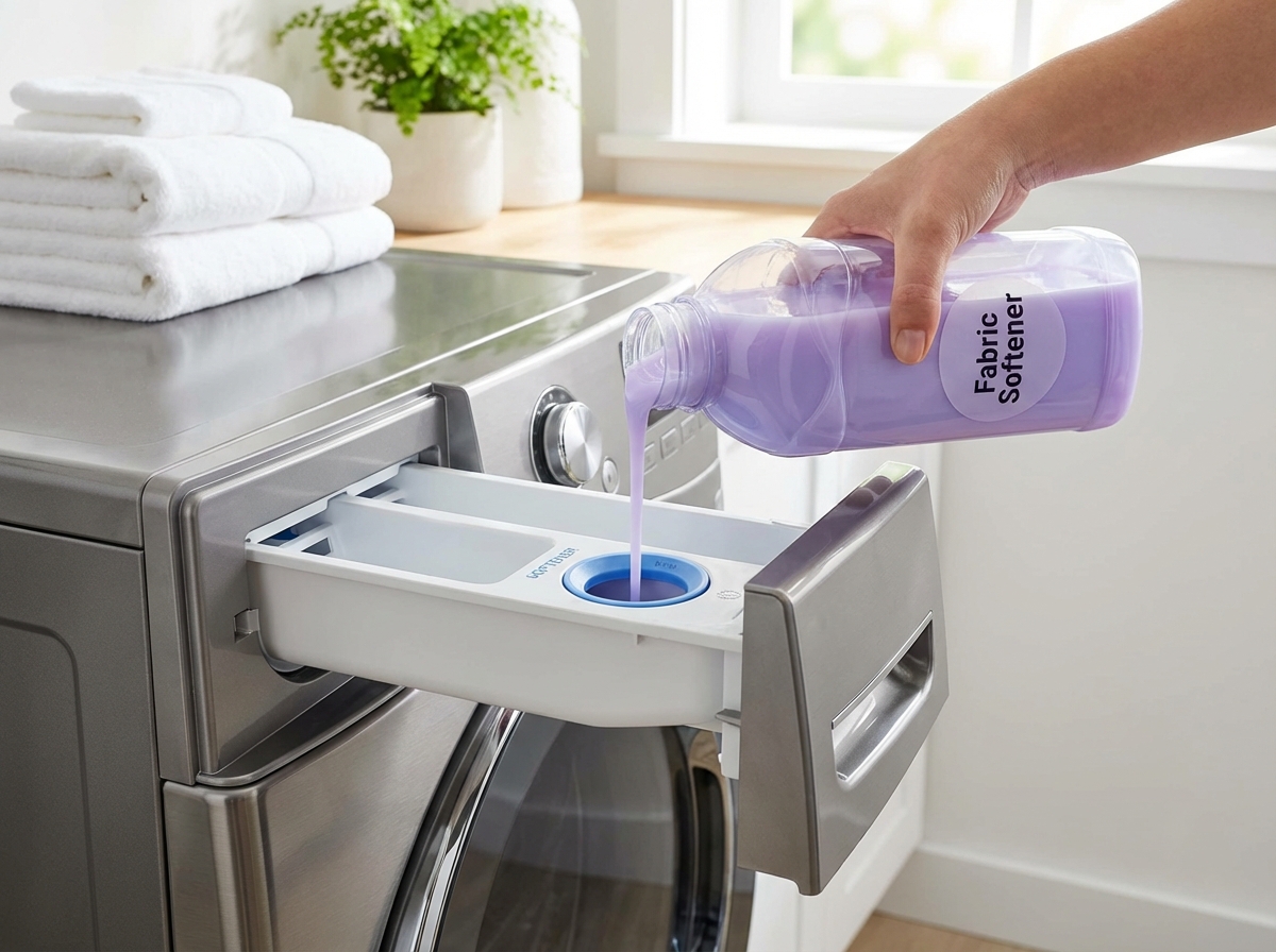 Đổ nước xả vào ngăn chuyên dụng của máy giặt cửa ngang, thao tác đúng cách