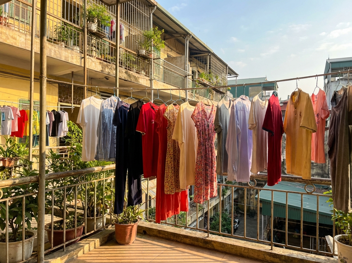 Quần áo phơi trên ban công nhà Việt, ánh nắng chiếu vào, không khí trong lành