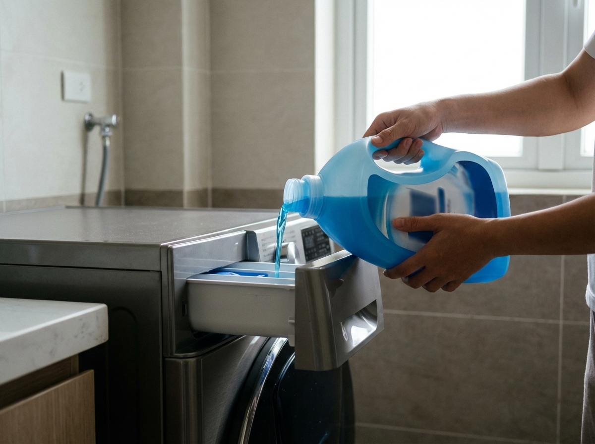 Đổ nước giặt Hygiene màu hồng vào ngăn máy giặt, thấy rõ độ đặc của dung dịch