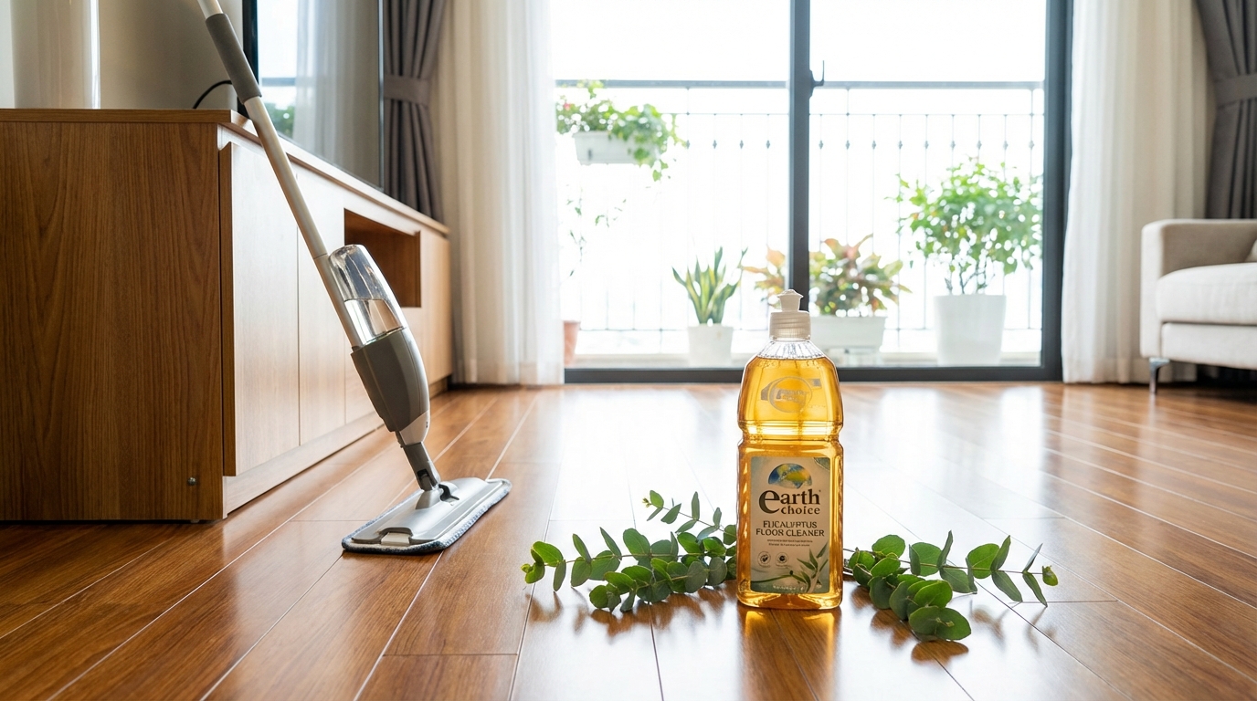 Chai nước lau sàn Earth Choice hương bạc hà đàn bên cạnh cây lau nhà, lá bạch đàn xanh tươi trang trí