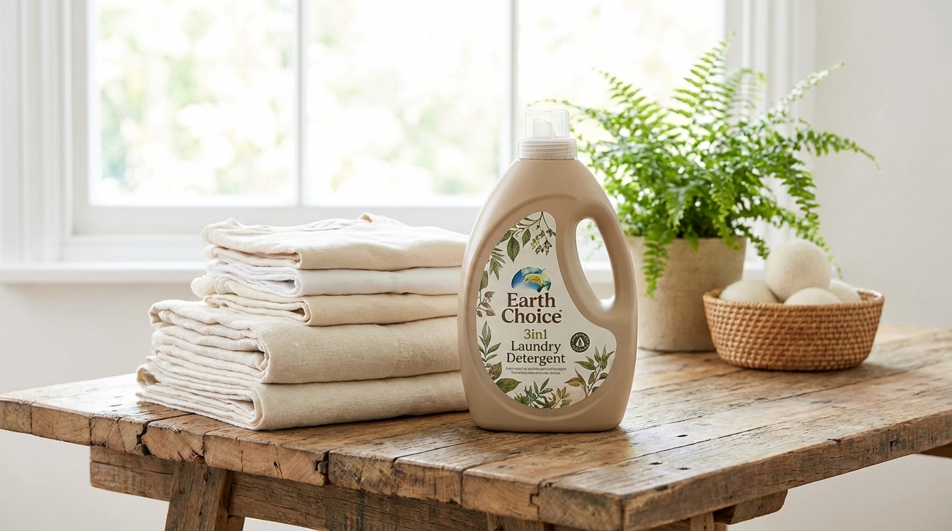 Chai nước giặt Earth Choice 3in1 trên mặt gỗ tự nhiên bên cạnh quần áo sạch xếp gọn