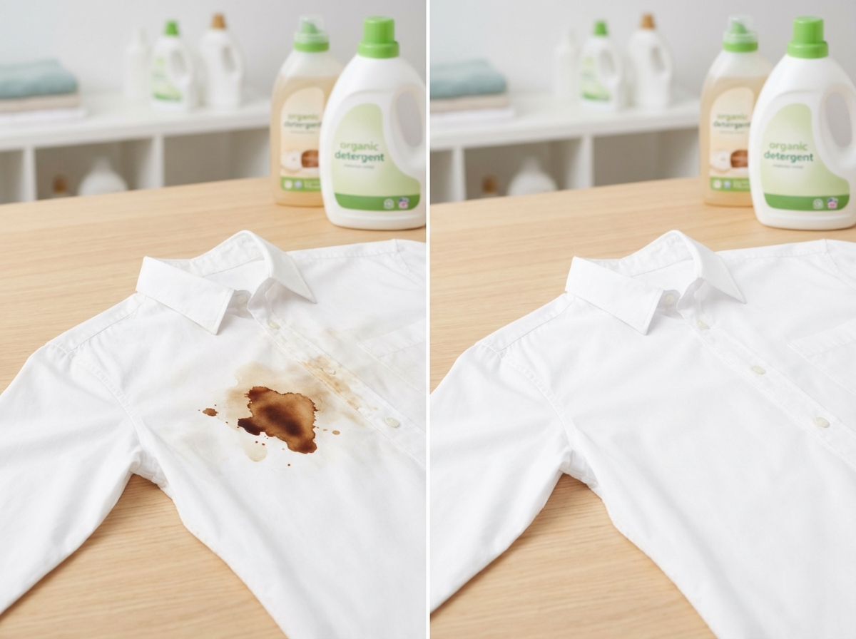 So sánh trước và sau khi giặt áo trắng có vết bẩn bằng Earth Choice 3in1 organic