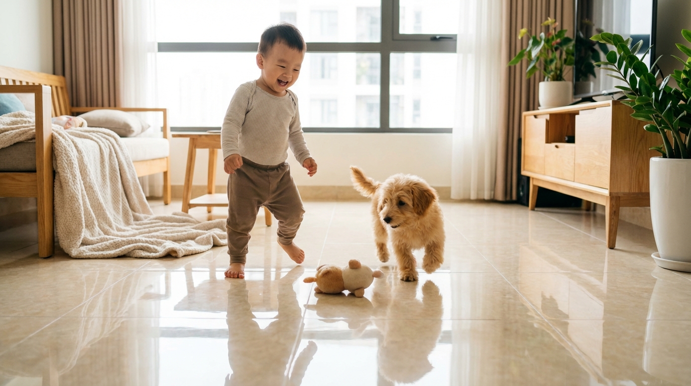 Bé nhỏ và chú chó nhỏ chơi vui vẻ trên sàn nhà sạch sẽ, an toàn cho gia đình