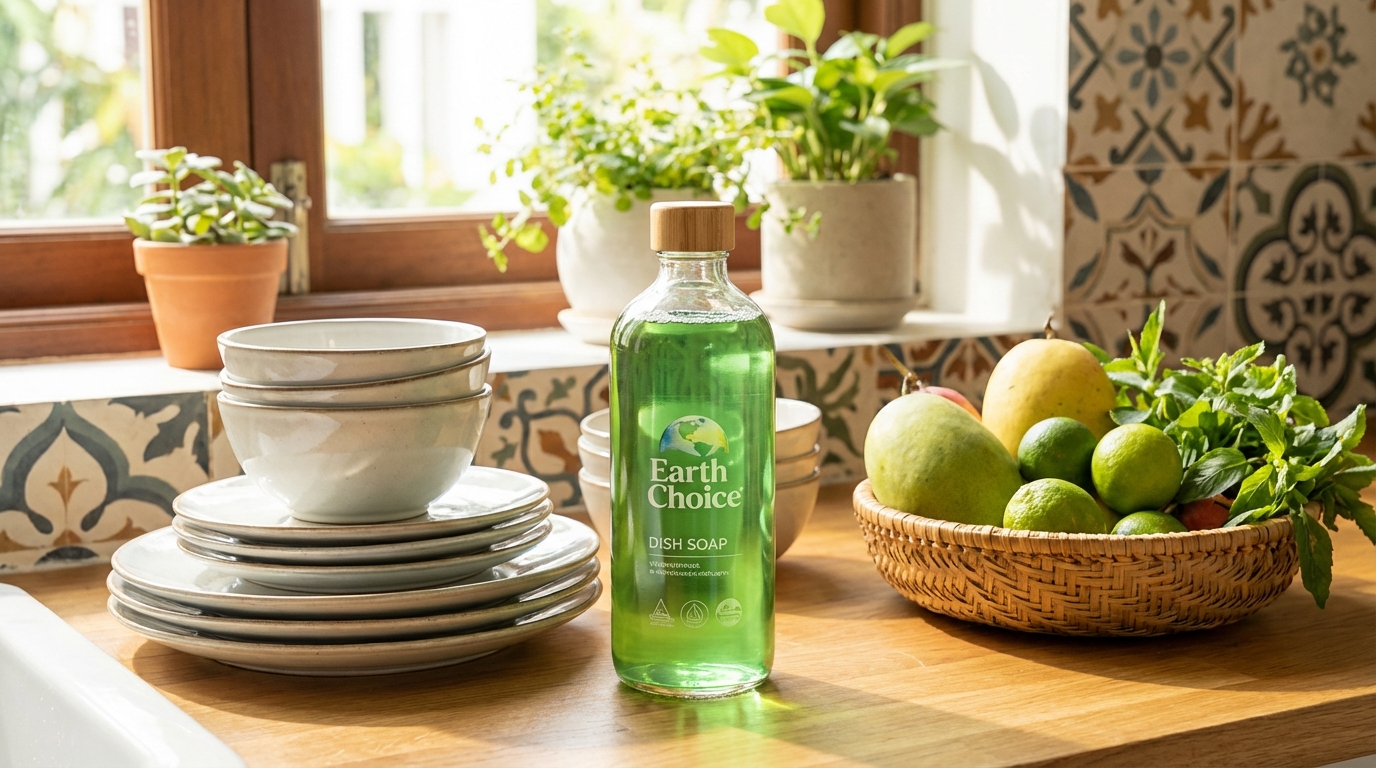 Chai nước rửa bát Earth Choice bên cạnh bát đĩa sạch bóng và trái cây tươi trên bàn bếp
