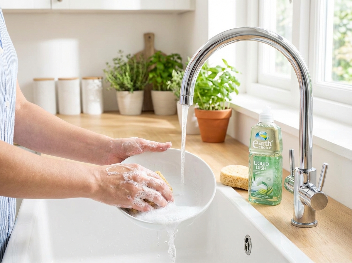 Cận cảnh tay rửa bát với bọt mềm mại dưới vòi nước chảy, nền bếp sáng sạch