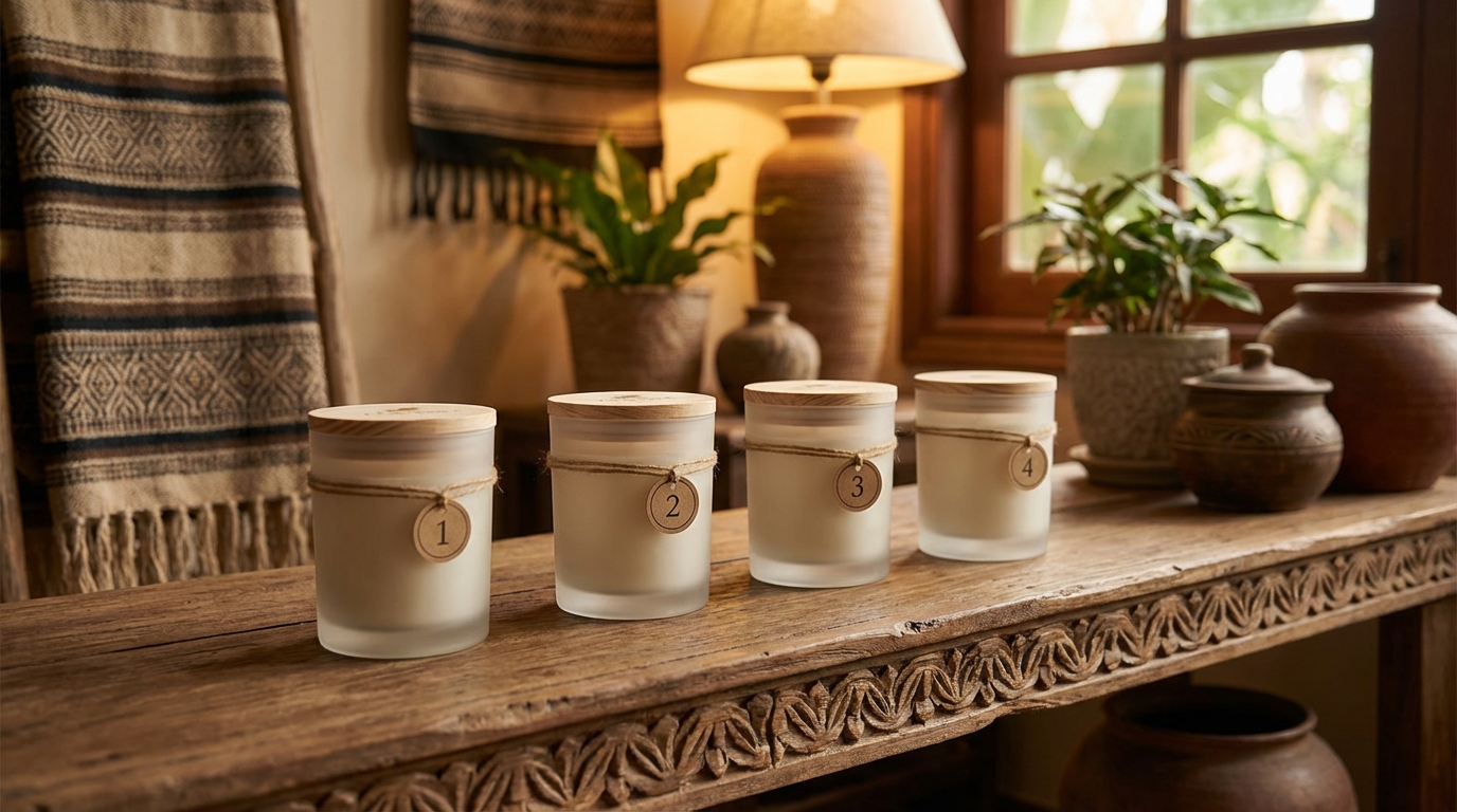 Các hộp sáp thơm Felce Azzurra xếp theo thứ hạng trên kệ gỗ trang trí