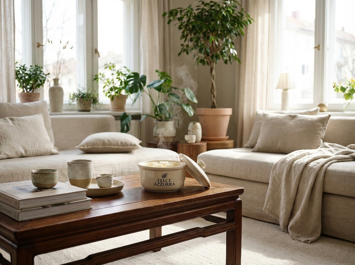 Sáp thơm Felce Azzurra mở nắp trên bàn coffee table phòng khách ấm cúng