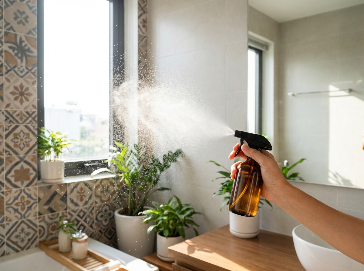 Tay xịt Abura vào nhà vệ sinh, làn sương tinh dầu tỏa ra trong không khí