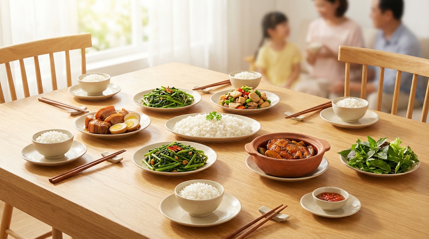 Bát đĩa sạch đựng đồ ăn gia đình Việt Nam, bữa cơm gia đình ấm cúng an toàn