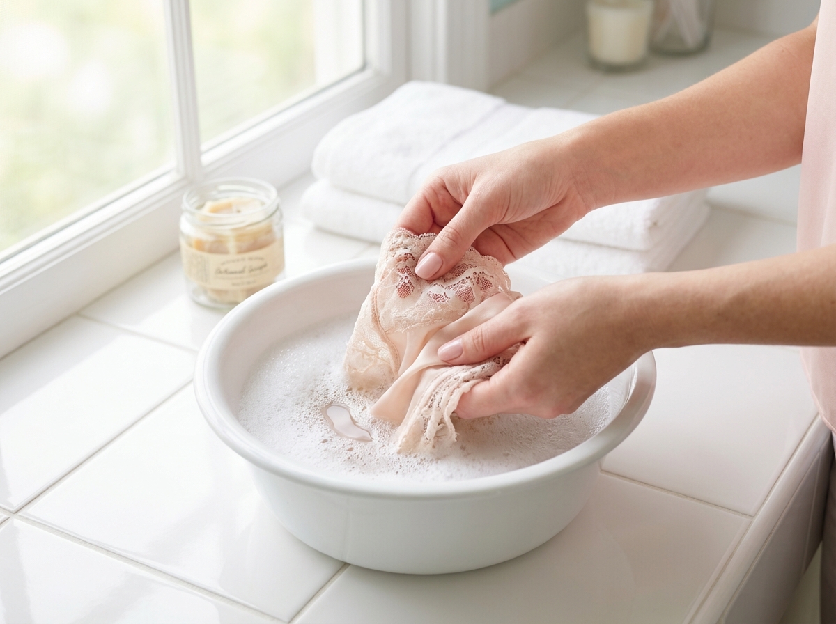 Giặt đồ lót bằng tay nhẹ nhàng trong chậu nước với bọt nhẹ
