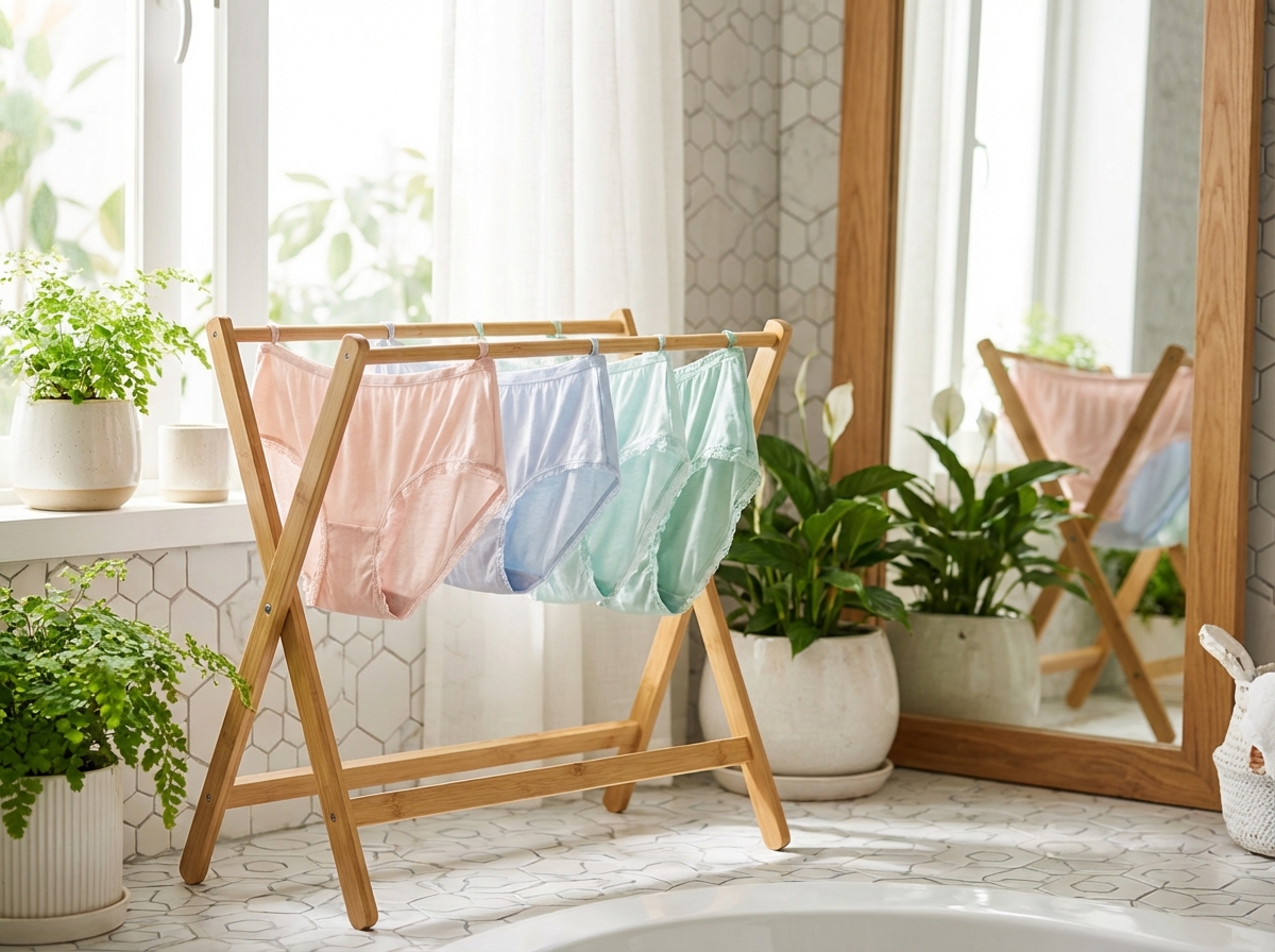 Đồ lót sạch phơi trên giá trong nhà tắm sáng sạch sẽ gọn gàng