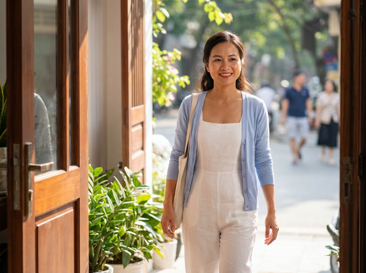 Người phụ nữ tự tin bước ra ngoài với quần áo thơm tho, tươi mát