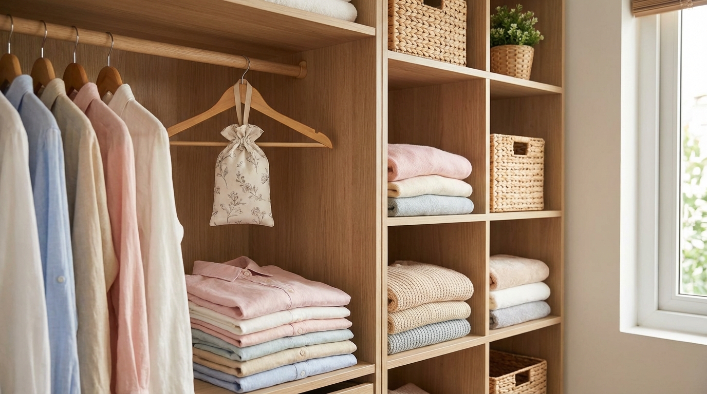 Túi thơm Hygiene treo trong tủ quần áo gọn gàng, quần áo xếp ngay ngắn, không gian phòng ngủ sáng sạch