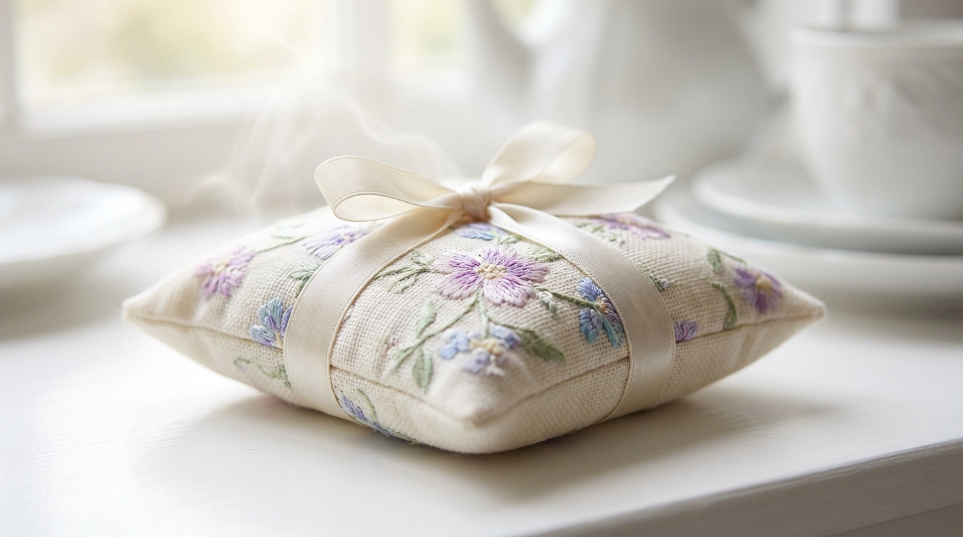 Cận cảnh túi thơm nhỏ xinh trên nền trắng, hương thơm tỏa nhẹ, thiết kế đẹp mắt