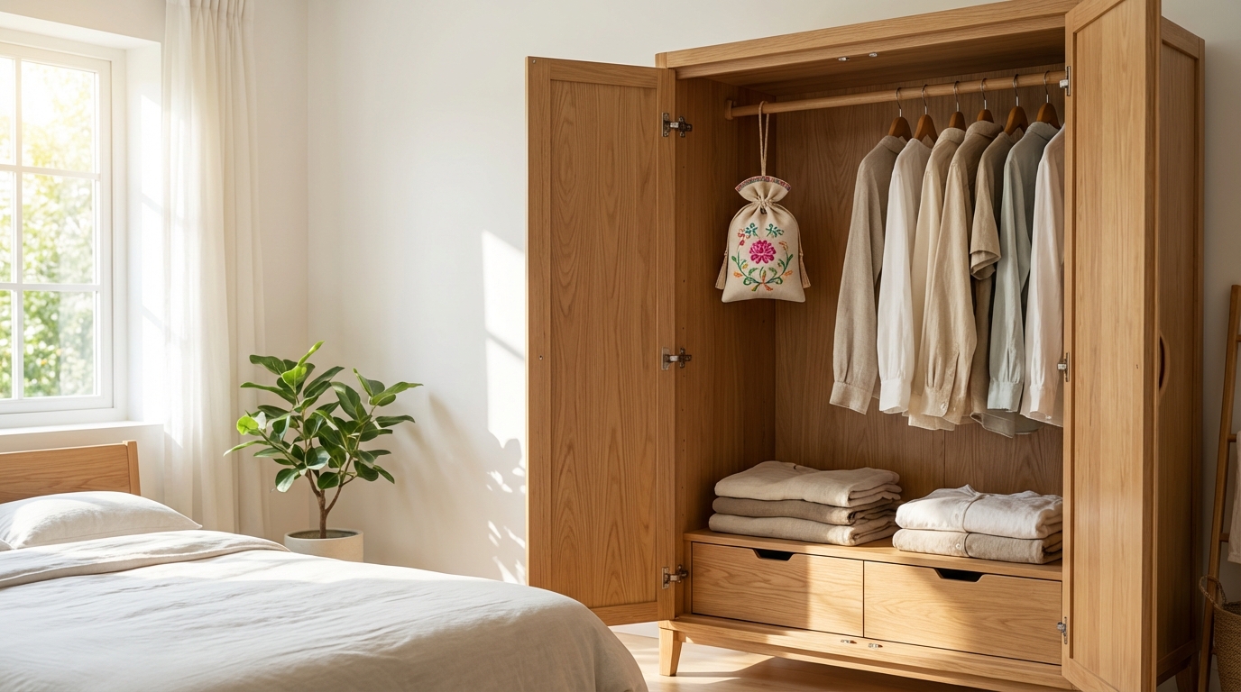 Tủ quần áo mở với quần áo xếp gọn gàng, túi thơm treo nhỏ xinh, ánh sáng buổi sáng tươi mát
