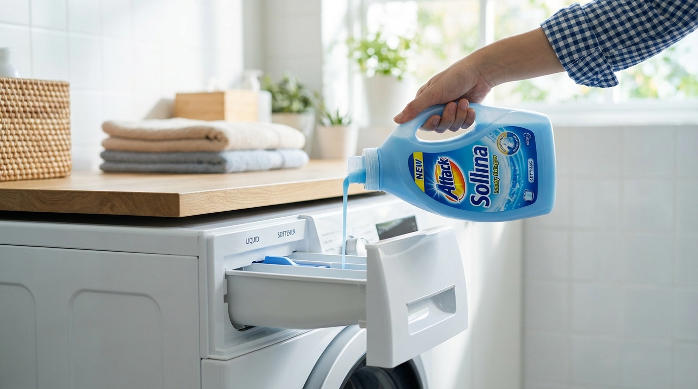Đổ nước giặt Attack Sollina vào máy giặt cửa ngang