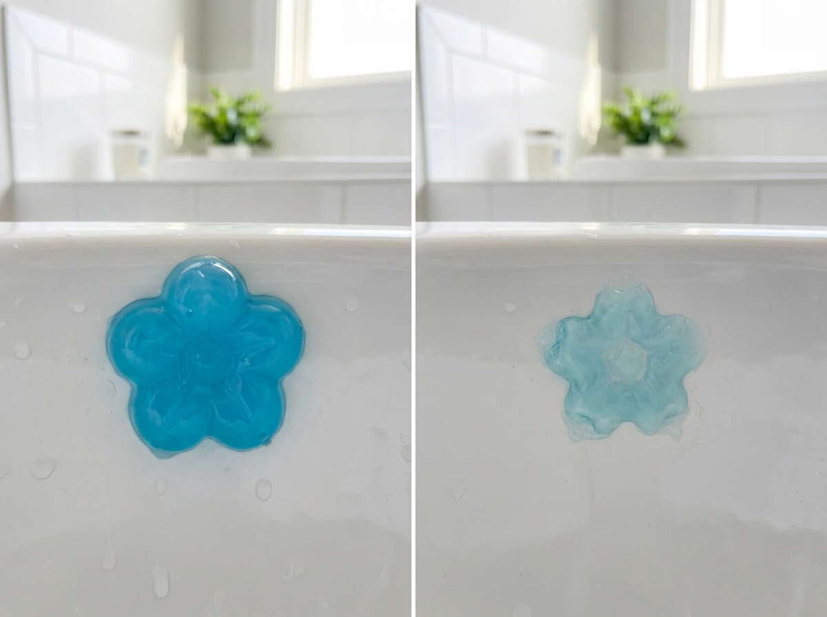 So sánh gel bồn cầu hoa mới dán và sau 2 tuần sử dụng