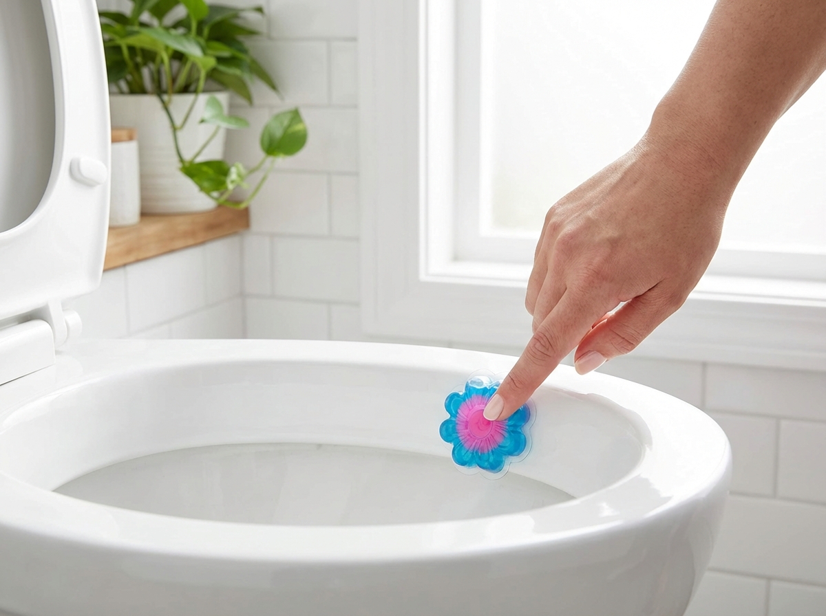 Tay dán gel bông hoa vào thành bồn cầu đúng cách