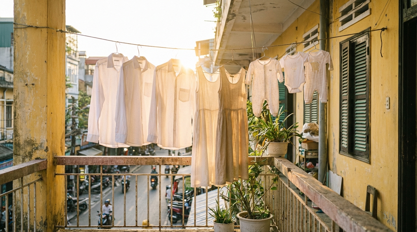 Quần áo phơi trên dây, thơm mát sau khi giặt