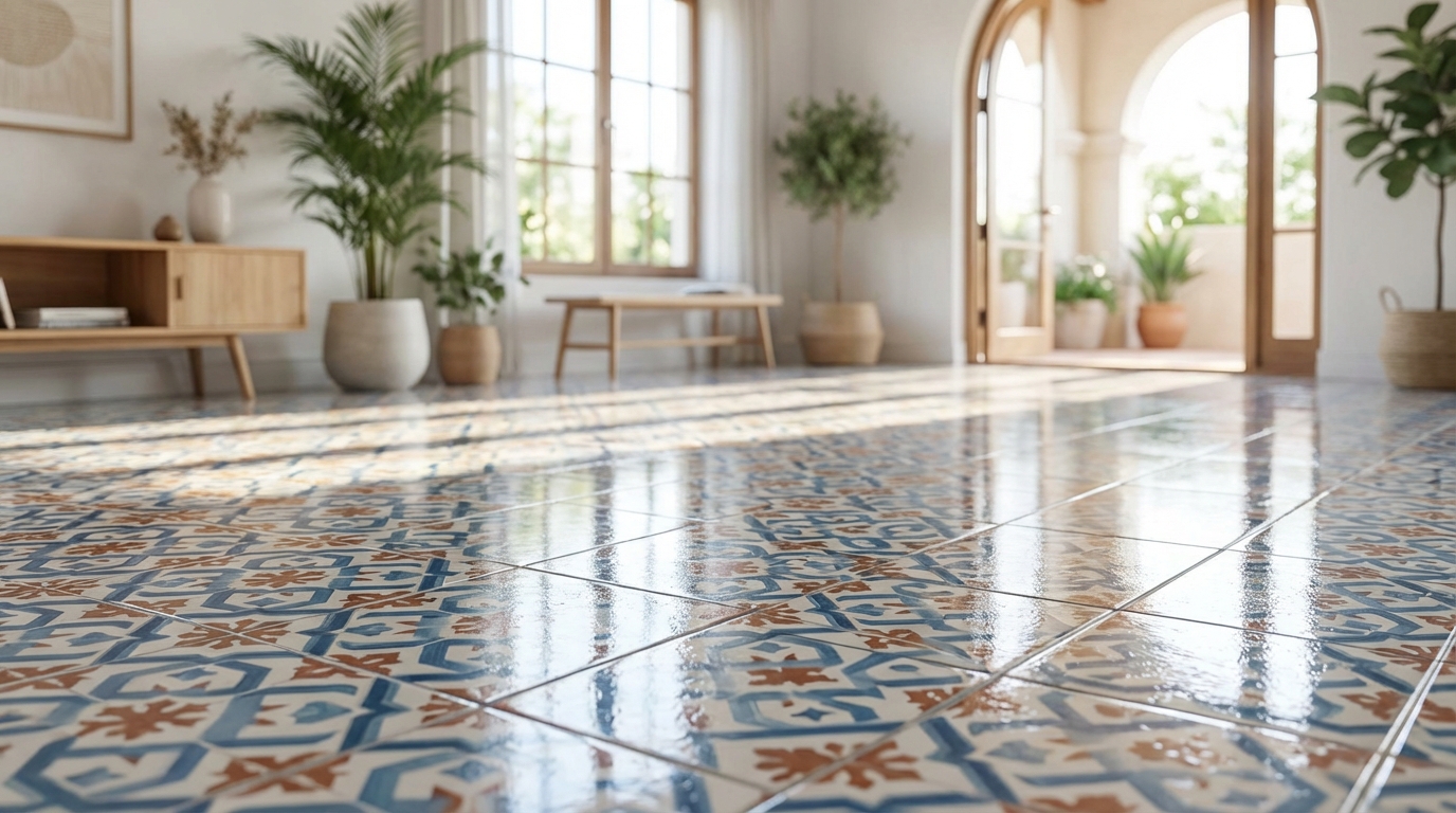 Sàn nhà gạch men sạch bóng phản chiếu ánh sáng tự nhiên sau khi lau