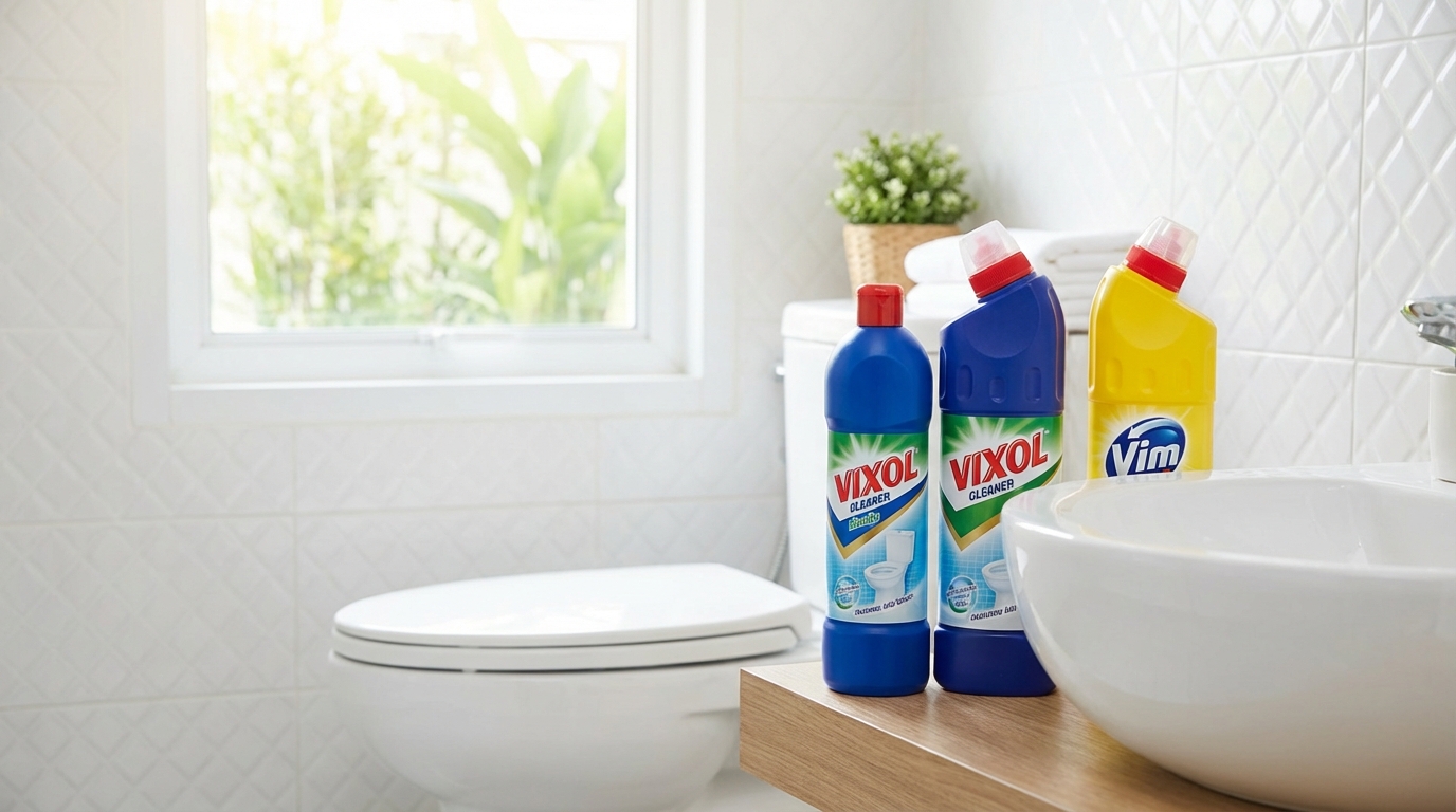 Chai Vixol và chai Vim đặt cạnh nhau trước bồn cầu sạch trắng