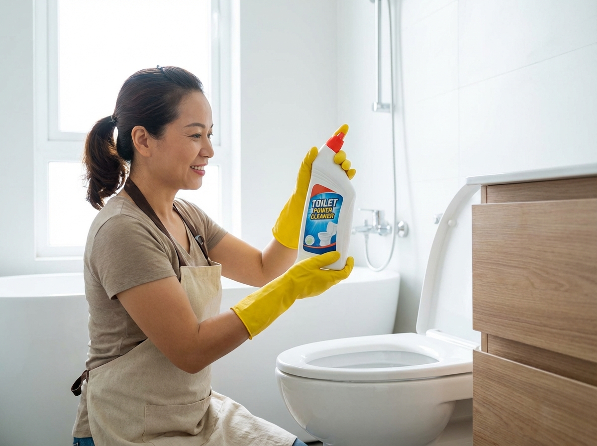 Đeo găng tay khi dùng nước tẩy bồn cầu để bảo vệ an toàn