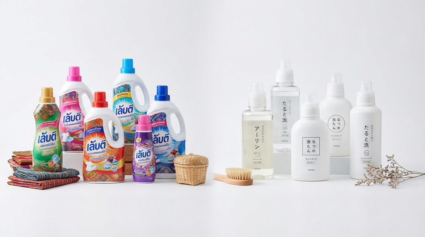 Hai nhóm chai nước giặt Thái Lan và Nhật Bản đặt cạnh nhau để so sánh