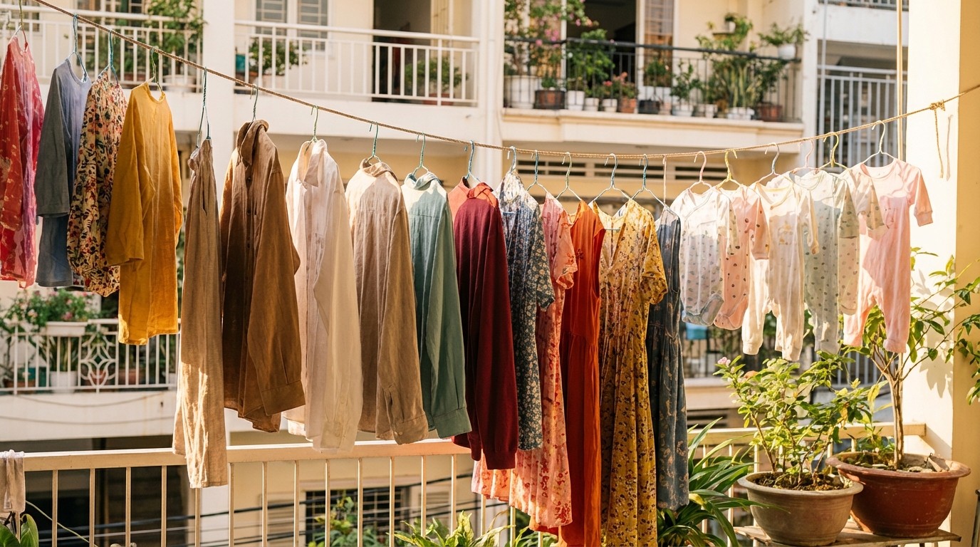 Quần áo đa dạng màu sắc phơi trên dây phơi ban công, tươi sáng và sạch sẽ