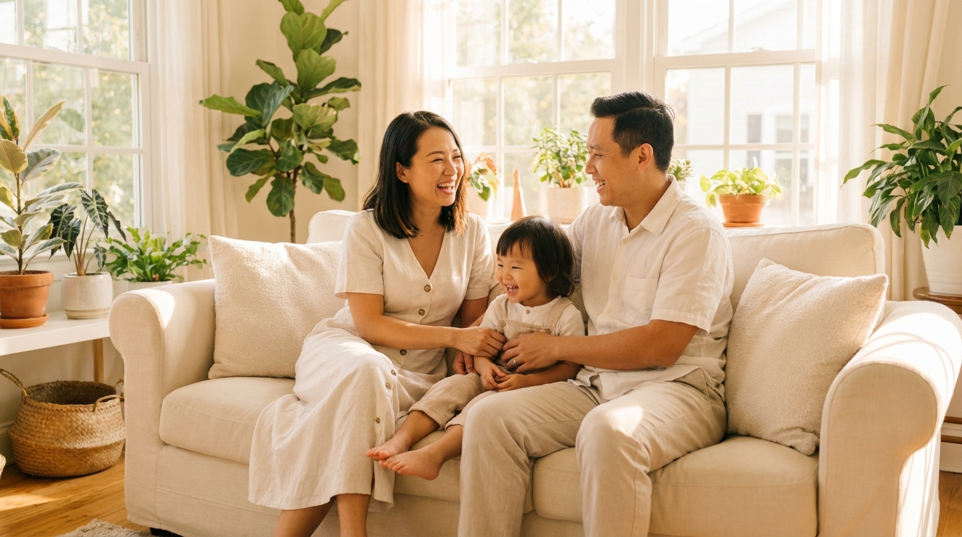 Gia đình Việt Nam hạnh phúc mặc quần áo sạch thơm, không gian nhà ấm cúng