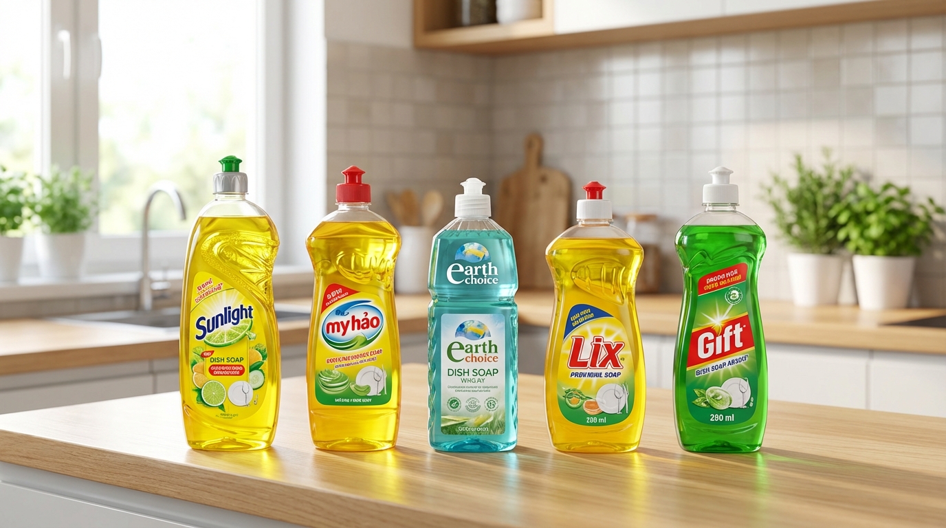 5 chai nước rửa bát phổ biến nhất Việt Nam xếp hàng trên bệ bếp