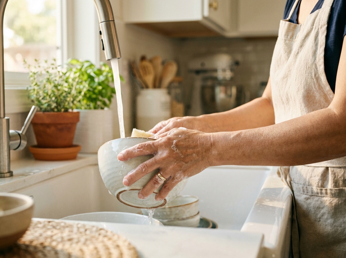 Rửa bát dưới vòi nước với bọt nhẹ mềm mại