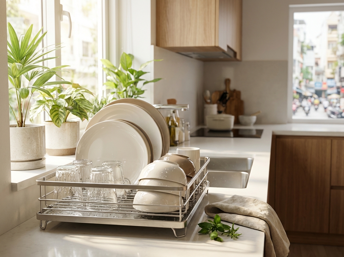 Bát đĩa sạch bóng xếp gọn trên giá phơi