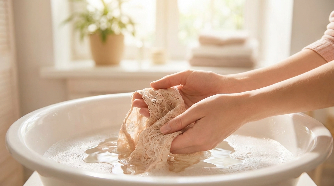 Giặt tay đồ lót nhẹ nhàng trong chậu nước sạch
