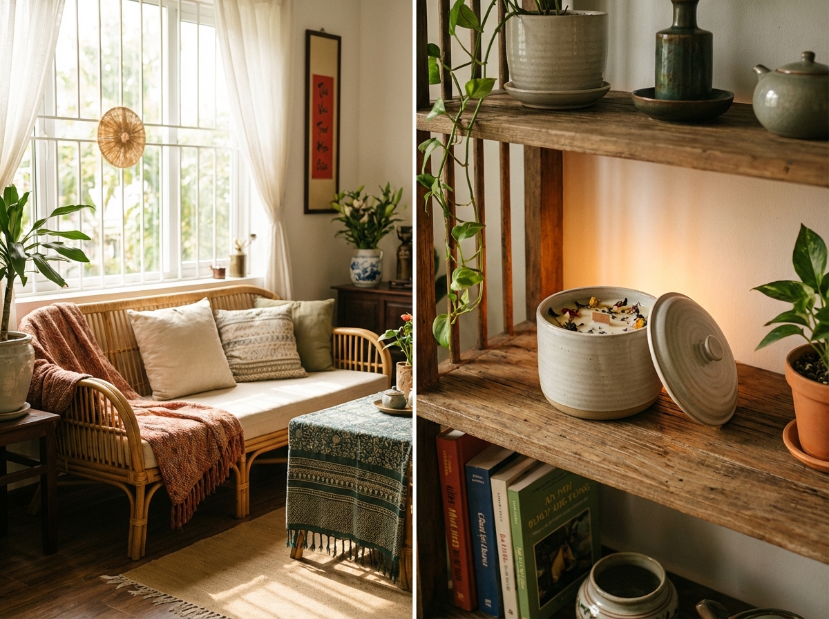 Sáp thơm đặt trên kệ phòng khách, mùi tỏa nhẹ suốt cả ngày