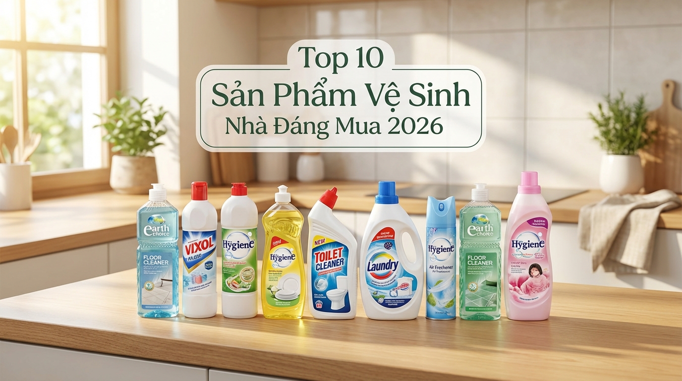 Top 10 sản phẩm vệ sinh nhà đáng mua nhất 2026 xếp gọn gàng trên kệ bếp