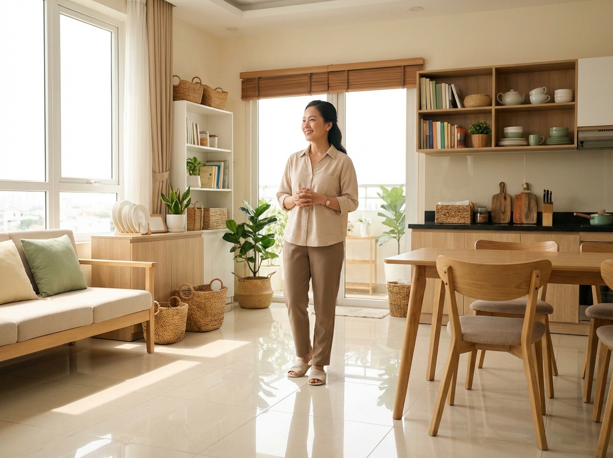 Nhà sạch bóng, phòng thoáng sáng với ánh nắng buổi sáng