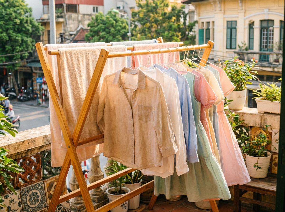 Quần áo mềm mại phơi trên ban công, ánh nắng buổi sáng tươi sáng