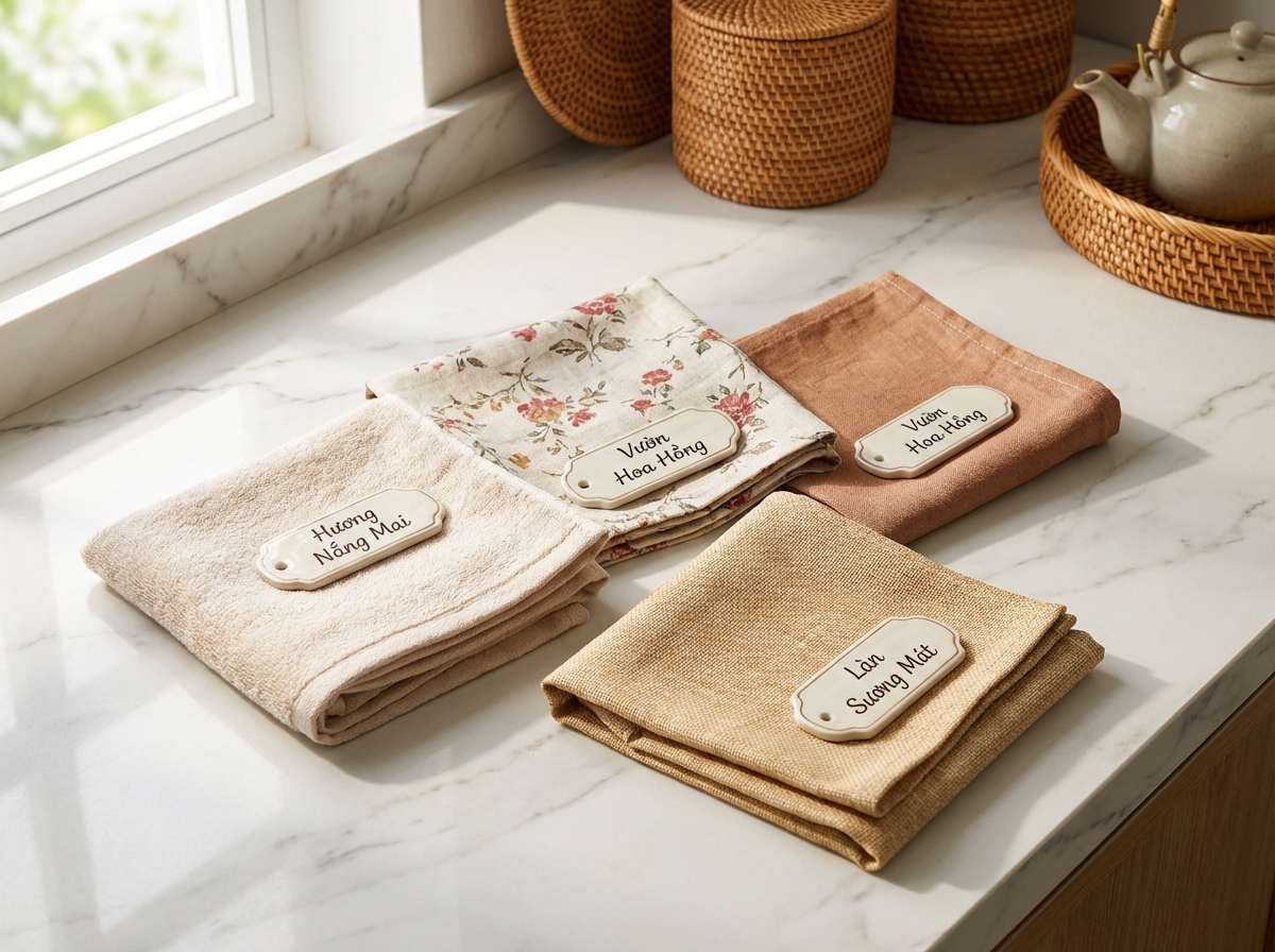 Ba mẫu vải với 3 dòng nước xả Hygiene khác nhau đặt trên mặt phẳng trắng