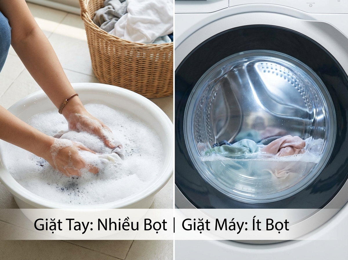So sánh lượng bọt khi giặt tay vs giặt máy - sự khác biệt rõ ràng