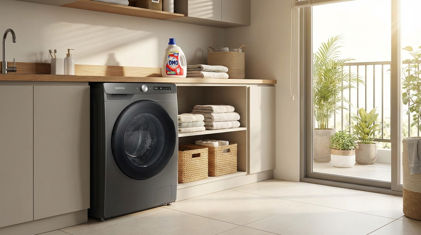 Máy giặt Samsung cửa ngang với chai nước giặt đặt cạnh, phòng giặt sáng sạch
