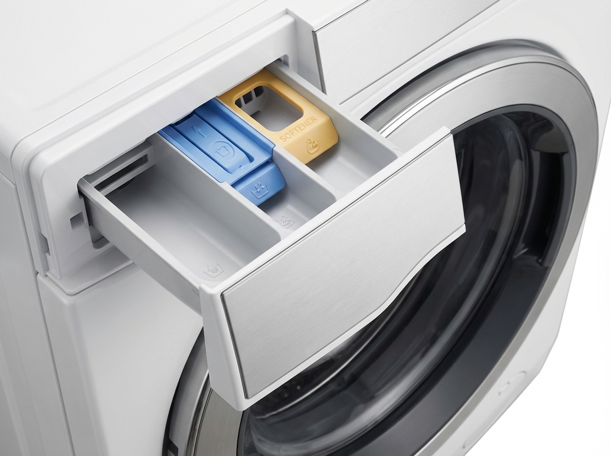 Ngăn đựng nước giặt của máy giặt cửa ngang với 3 ngăn rõ ràng