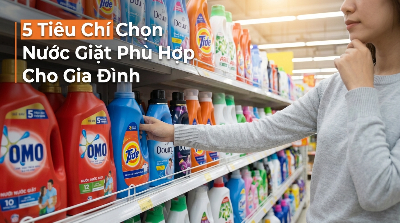 Tay đang chọn nước giặt trên kệ siêu thị với nhiều lựa chọn khác nhau