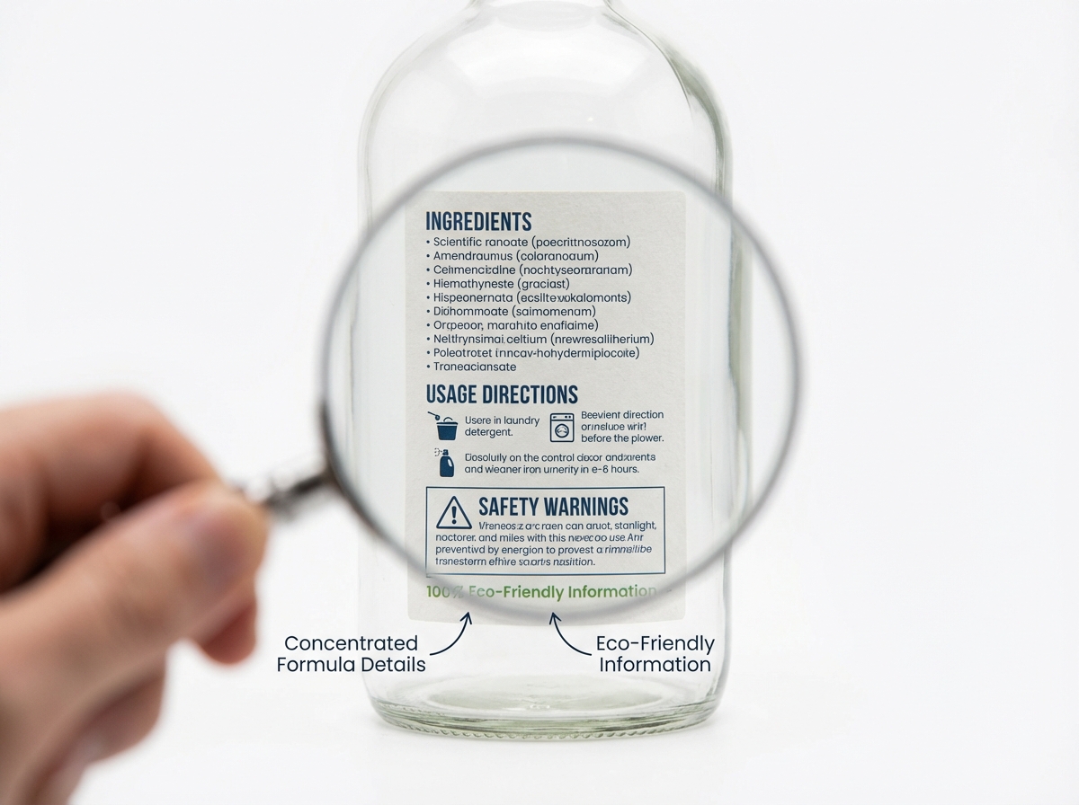 Nhãn chai nước giặt với các thông tin quan trọng để đọc kỹ trước khi mua