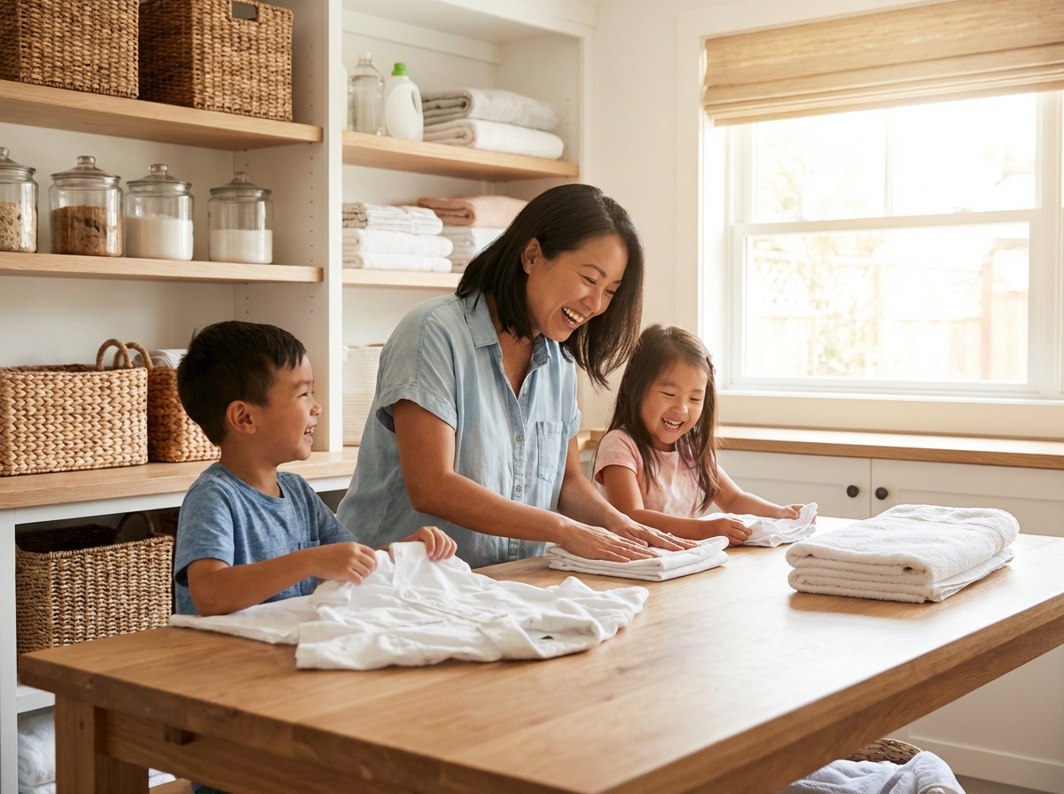 Gia đình hạnh phúc với quần áo sạch thơm trong phòng giặt sáng sủa