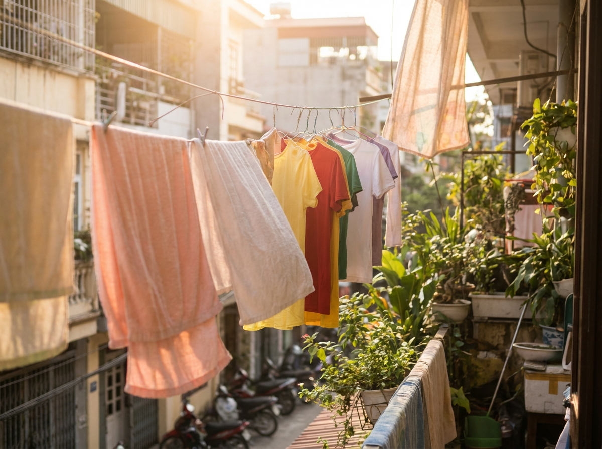 Quần áo mềm thơm phơi trên ban công - kết quả của việc chọn đúng nước xả