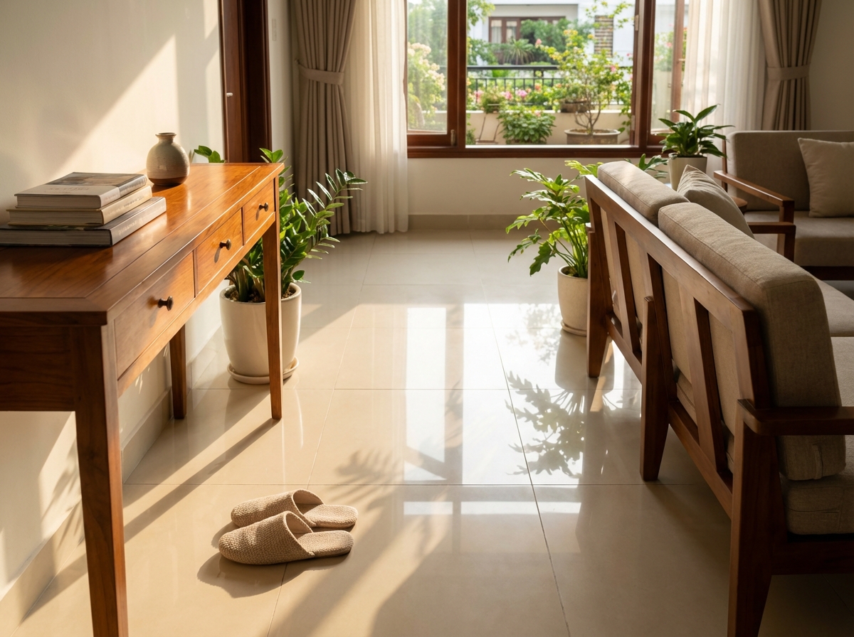 Sàn gạch sạch bóng sau khi lau đúng cách với nước lau phù hợp